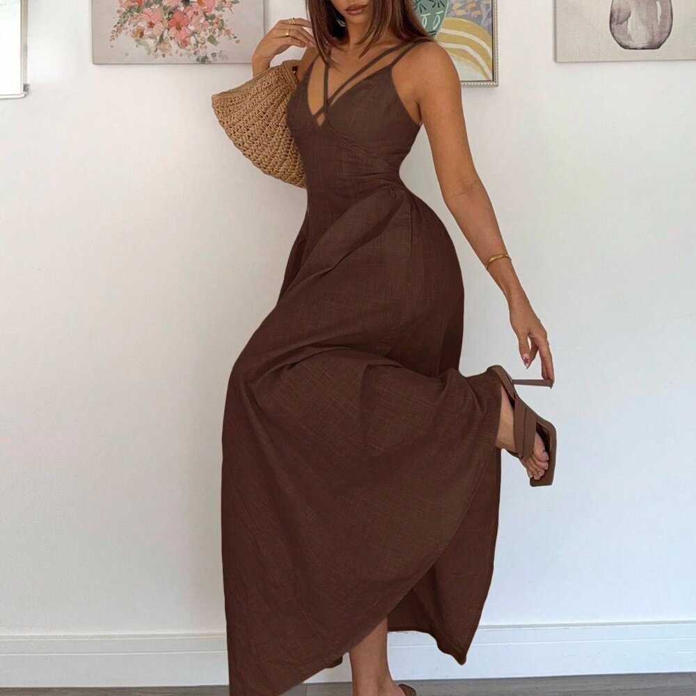 Coffee Brown Elegant Women's A-Line Long Skirt Dress Wedding Guest Style